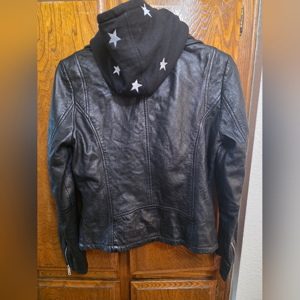 MAURITIUS DUFFI Moto Leather Jacket with Star Hoodie Size EUSmall/ US6 - Picture 7 of 16